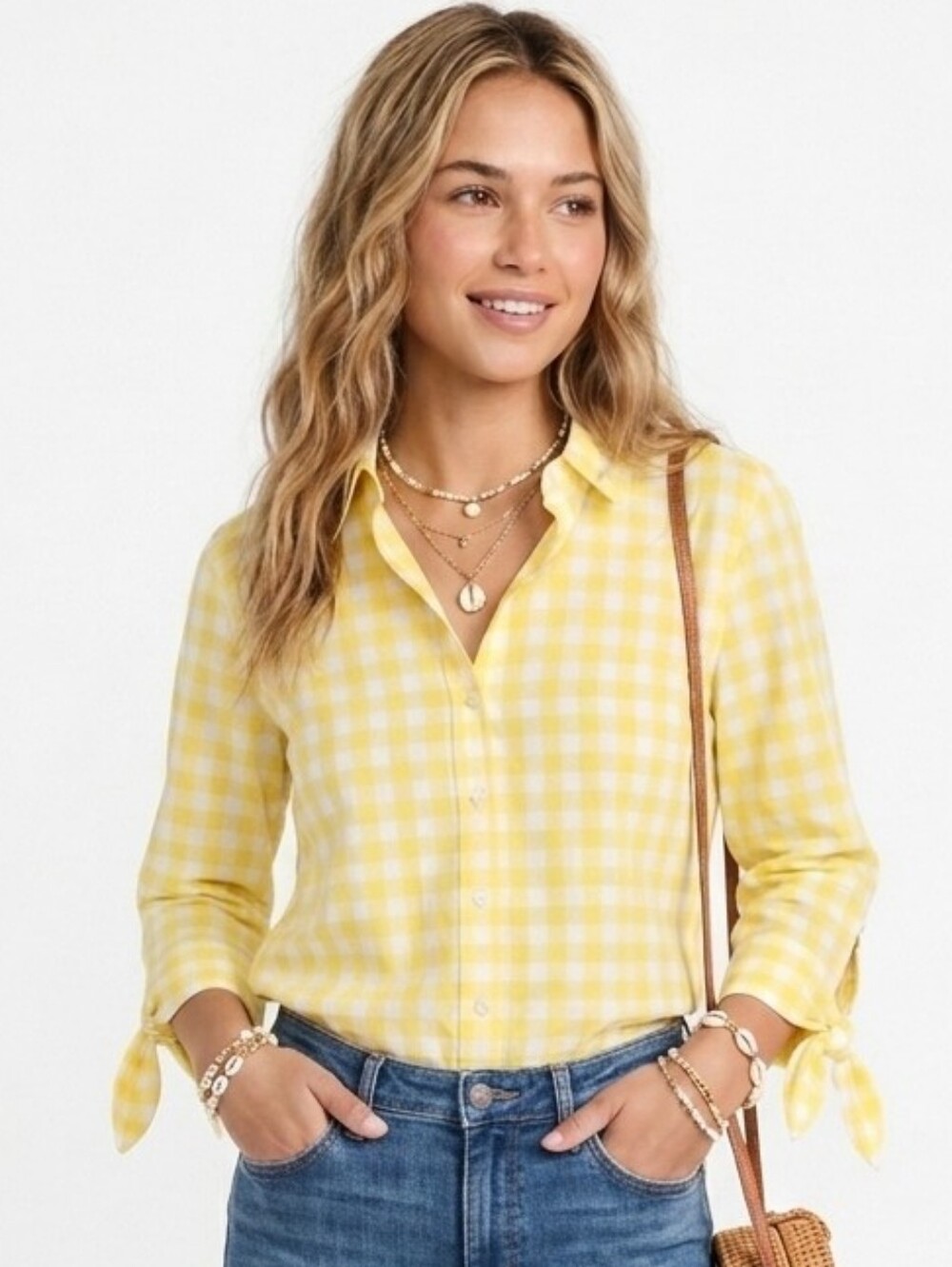 CK Butter Yellow and White Gingham Button Up Shirt w/ Bow Sleeve Detailing